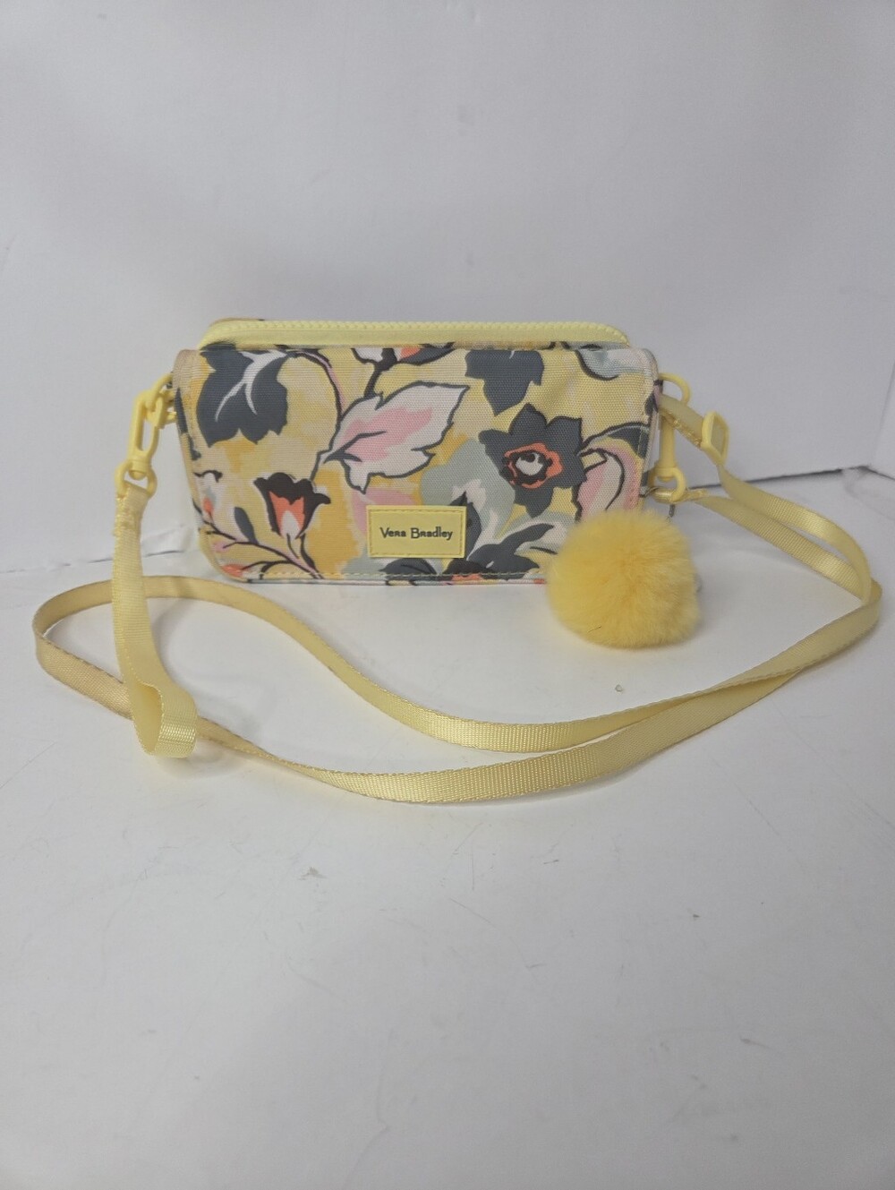 vera bradley yellow floral clutch wallet crossbody pom pom rfid